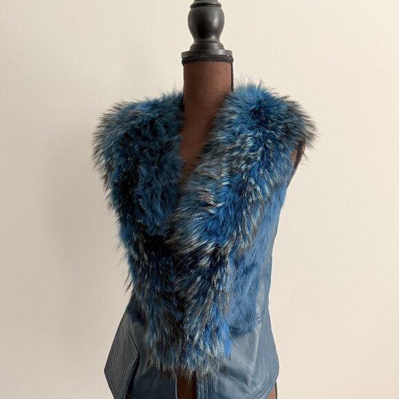NWOT Blue Leather Vest Real Fox Fur S size - Picture 10 of 15